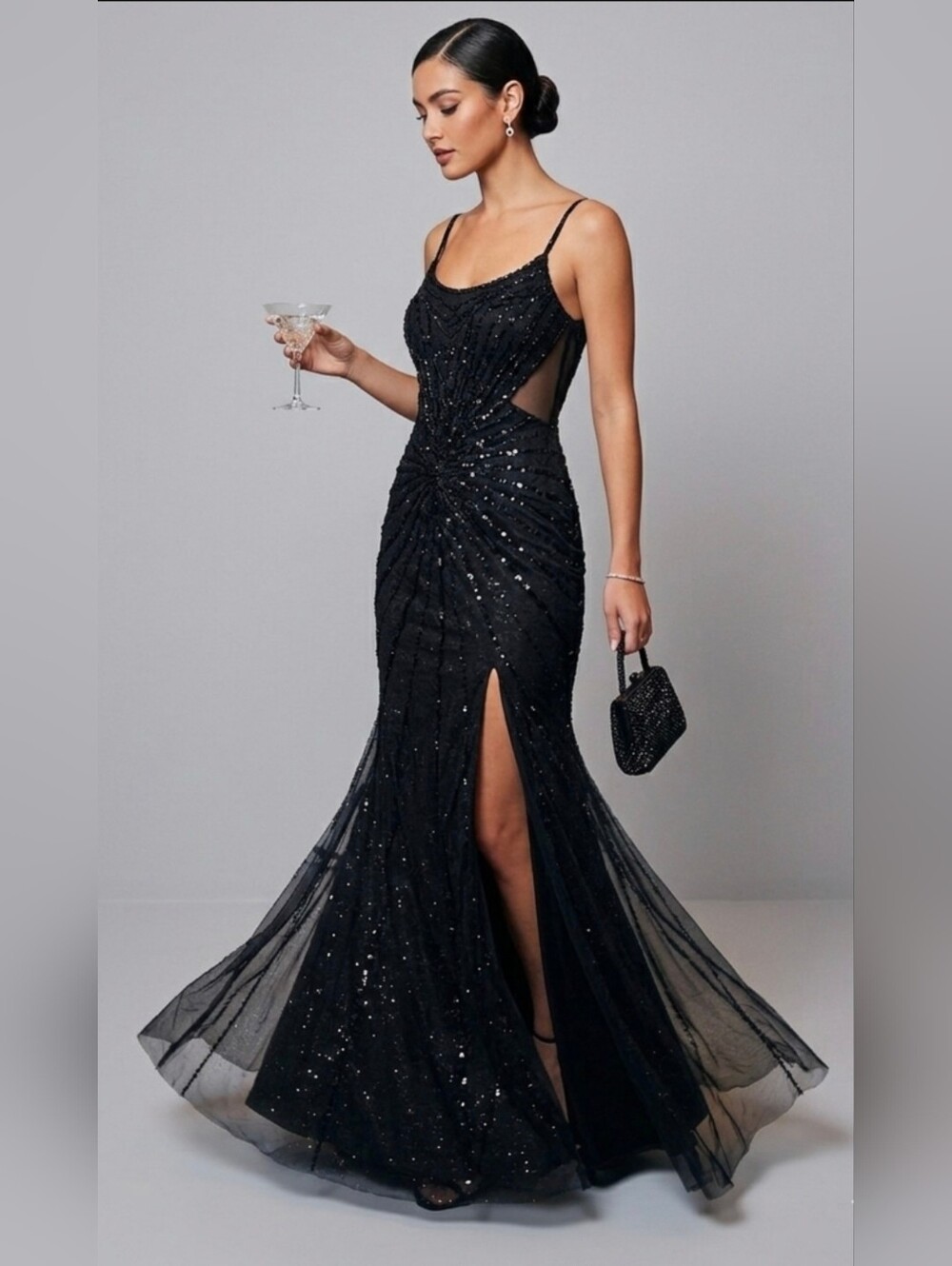 Gianni Bini GB Black Sequin Long Split Dress Size 3 Mesh Back NWT Cocktail Prom - Picture 6 of 16